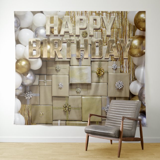 Gold Birthday Balloons Banner Backdrop Tapestry (In Situ (Horizontal))
