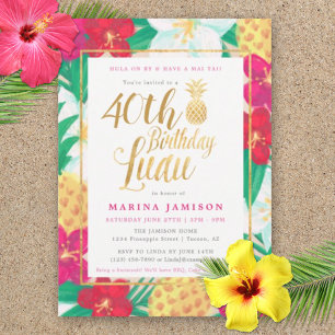 Gold Birthday Luau Party Invitations