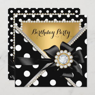 Gold Birthday Party Black White Polka Dots Invitation
