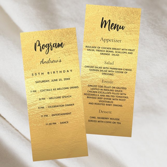 Gold birthday program dinner menu card (Creator Uploaded)