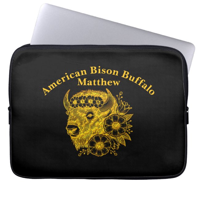 Gold Bison Adorned With Flowers and Foliage Laptop Sleeve (Front)