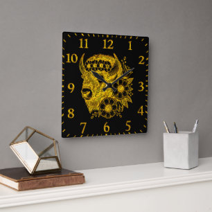 Gold Bison Adorned With Flowers and Foliage Square Wall Clock