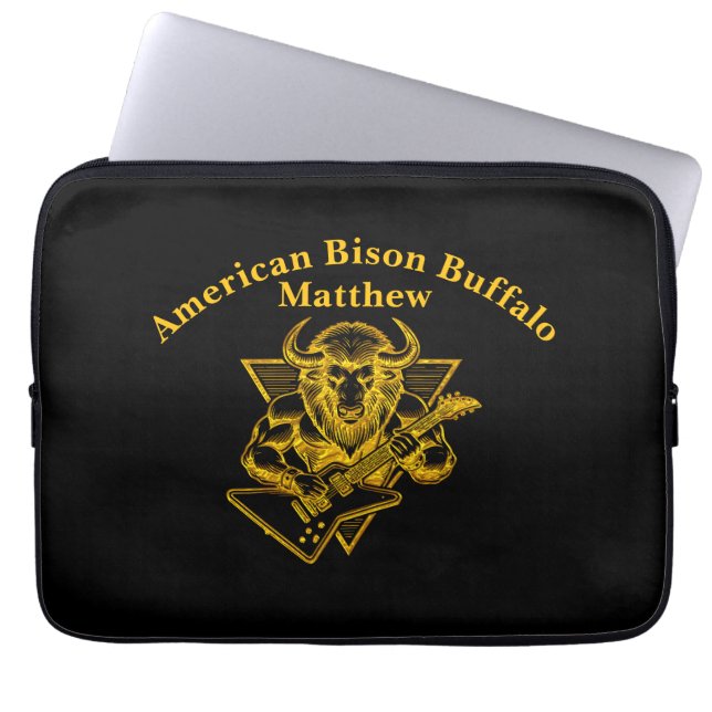 Gold Bison Buffalo Rocking out on Guitar Laptop Sleeve (Front)