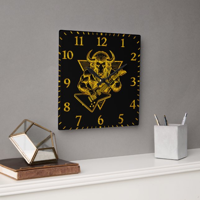 Gold Bison Buffalo Rocking out on Guitar Square Wall Clock (Office)
