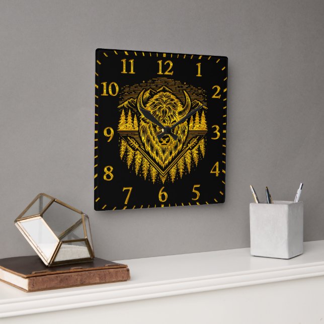Gold Bison Head With Mountains and Trees Square Wall Clock (Office)