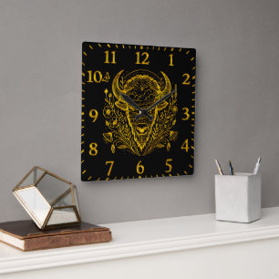 Gold Bison Illustration Surrounded by Nature Square Wall Clock