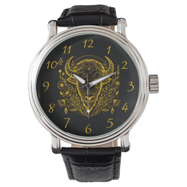 Gold Bison Illustration Surrounded by Nature Watch (Front)
