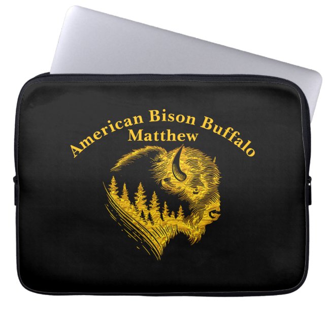Gold Bison Portrait With Forest Silhouette Design Laptop Sleeve (Front)