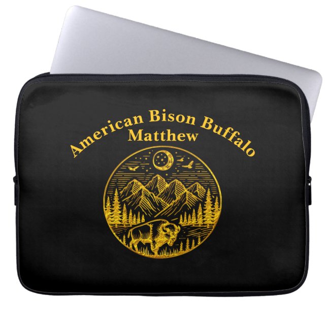 Gold Bison Roaming Under a Moonlit Mountain Sky Laptop Sleeve (Front)