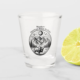 Gold Bison Roaming Under a Moonlit Mountain Sky Shot Glass