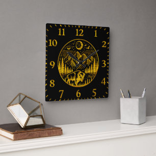 Gold Bison Roaming Under a Moonlit Mountain Sky Square Wall Clock
