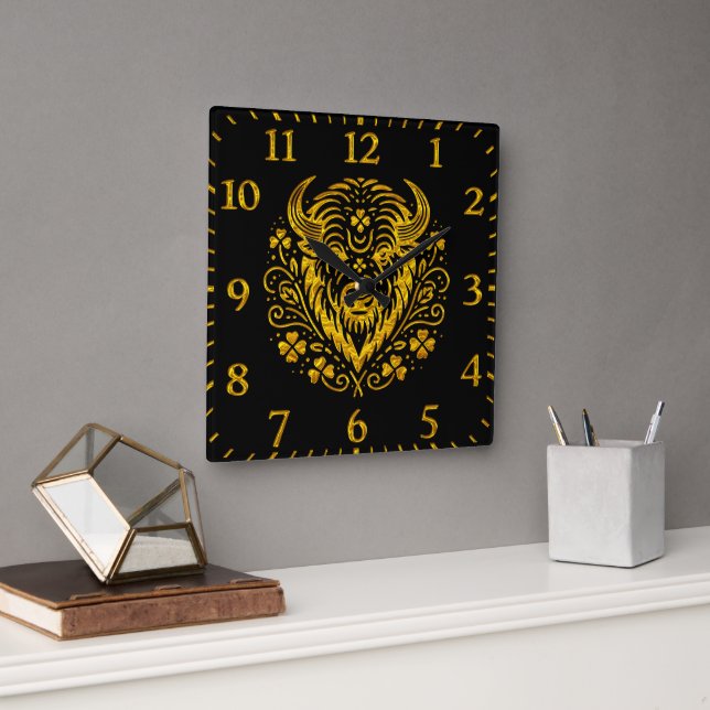 Gold Bison With Floral Design Square Wall Clock (Office)