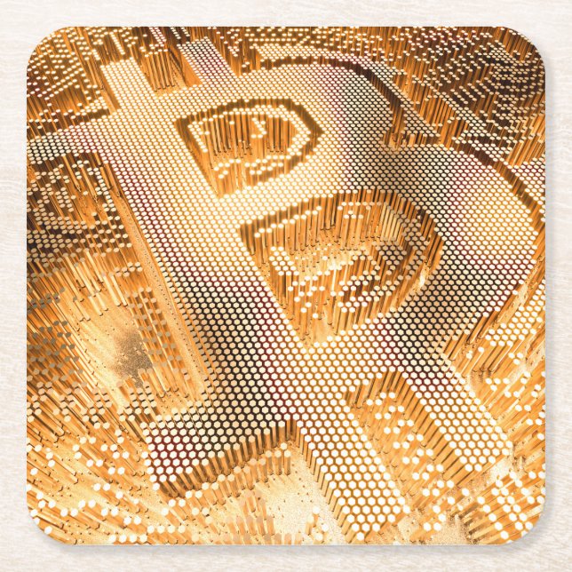 Gold Bitcoin Digital Cryptocurrency BTC Logo Square Paper Coaster (Front)