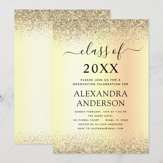 Gold Black 2022 Graduation Party Glitter Invitation (Front/Back)