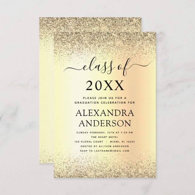 Gold Black 2022 Graduation Party Glitter Invitation (Front/Back)