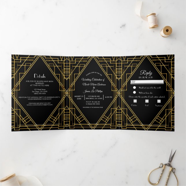 Gold Black 20's Deco Elegant Trifold Wedding  (Inside)
