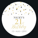 Gold & Black 21st Birthday Favour Thank you Classic Round Sticker<br><div class="desc">This simple gold & black sticker will add stylish detail to your 21st birthday party. This design features modern gold script "21st Birthday",  hexagon confetti with custom text. Matching birthday invitations and party supplies are available in my shop BaraBomDesign.</div>