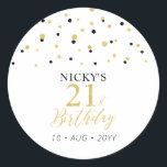 Gold & Black 21st Birthday Favour Thank you Classic Round Sticker<br><div class="desc">This simple gold & black sticker will add stylish detail to your 21st birthday party. This design features modern gold script "21st Birthday",  hexagon confetti with custom text. Matching birthday invitations and party supplies are available in my shop BaraBomDesign.</div>