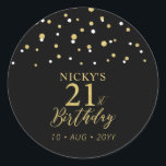 Gold & Black 21st Birthday Favour Thank you Classic Round Sticker<br><div class="desc">This simple gold & black sticker will add stylish detail to your 21st birthday party. This design features modern gold script "21st Birthday",  hexagon confetti with custom text. Matching birthday invitations and party supplies are available in my shop BaraBomDesign.</div>