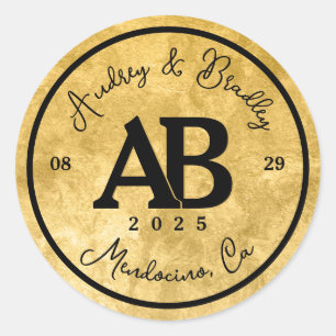 Gold Black 2 Letter Monogram Wedding Classic Round Sticker