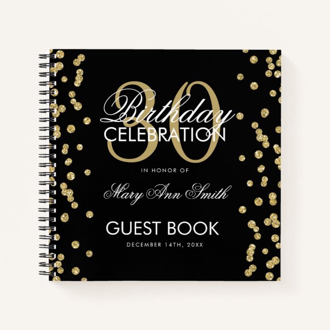 Gold Black 30th Birthday Guestbook Confetti Notebook (Front)