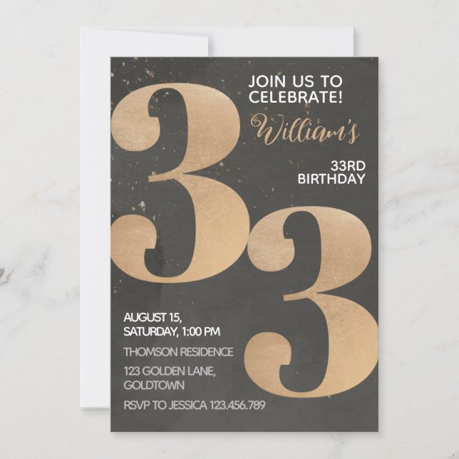 Gold Black 33rd Birthday Invitation (Front)