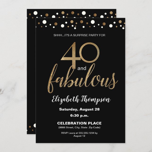 Gold Black 40 and fabulous Surprise Birthday Party Invitation (Front/Back)