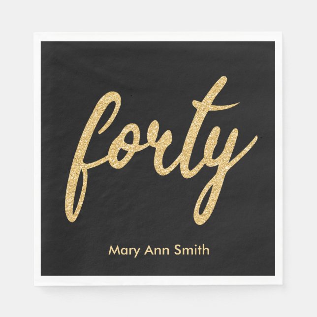 Gold Black 40 Birthday Party Glitter "Forty" Napkin (Front)
