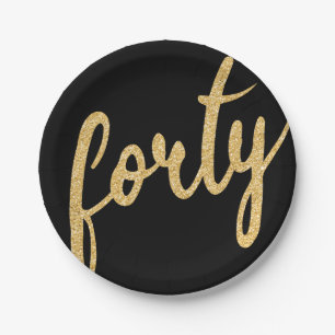 Gold Black 40 Birthday Party Glitter "Forty" Paper Plate