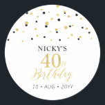 Gold & Black 40th Birthday Favour Thank you Classic Round Sticker<br><div class="desc">This simple gold & black sticker will add stylish detail to your special day. This design features modern gold script "40th Birthday",  hexagon confetti with custom text. Matching birthday invitations and party supplies are available in my shop BaraBomDesign.</div>
