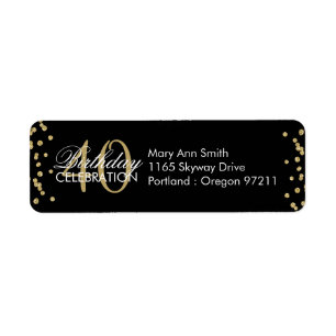 Gold Black 40th Birthday Glitter Confetti Return Address Label