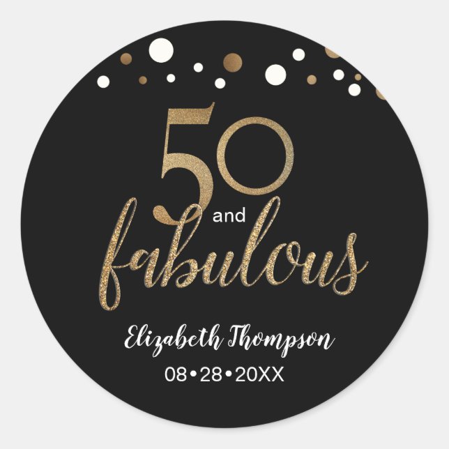 Gold Black 50 and fabulous Birthday Party Classic Round Sticker (Front)