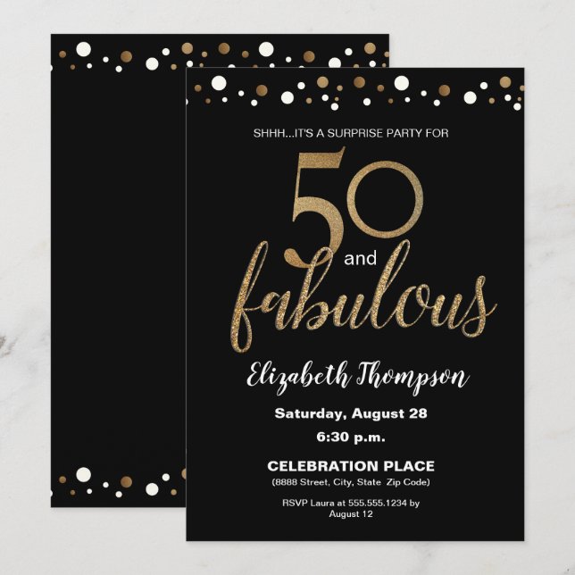 Gold Black 50 and fabulous Surprise Birthday Party Invitation (Front/Back)