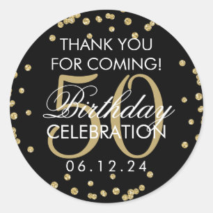 Gold Black 50 Birthday Thank You Glitter Confetti Classic Round Sticker