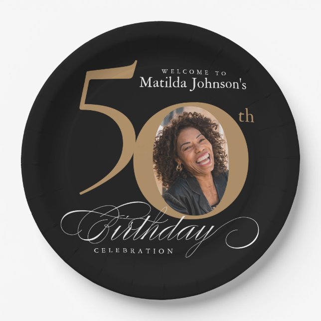  Gold Black 50th Birthday Calligraphy Custom Photo Paper Plate (Front)