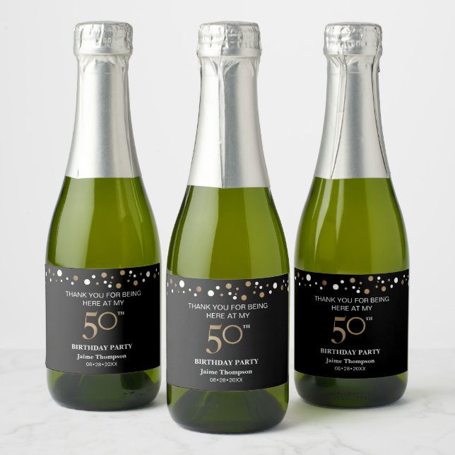 Gold black 50th birthday theme confetti thank you sparkling wine label (Bottles)