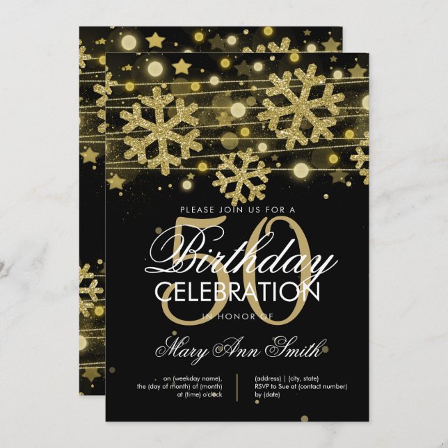 Gold Black 50th Birthday Winter Glitter Glam Invitation (Front/Back)