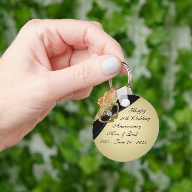 Gold Black 50th Wedding Anniversary Key Ring (Hand)