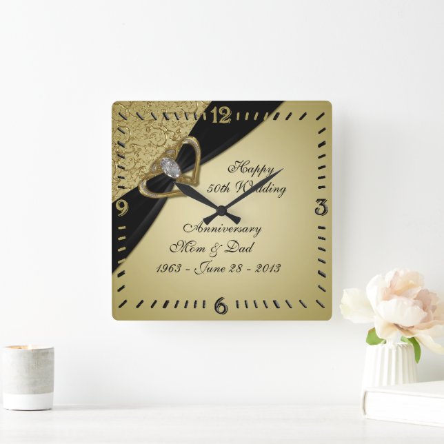 Gold Black 50th Wedding Anniversary Square Wall Clock (Home)