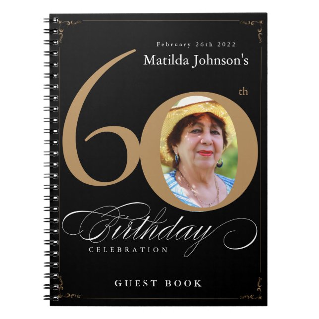 Gold Black 60th Birthday Elegant Script Guestbook Notebook (Front)