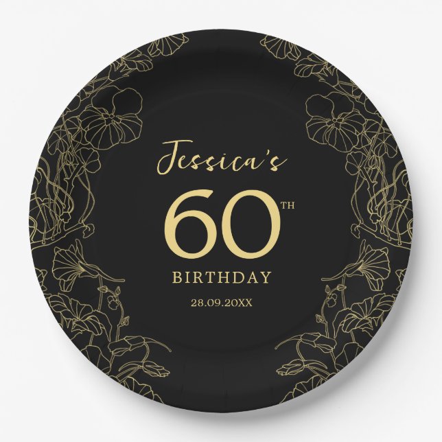 Gold Black 60th Birthday Paper Plate (Front)