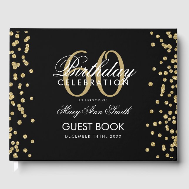 Gold Black 60th Birthday Party Glitter Confetti Guest Book (Front)