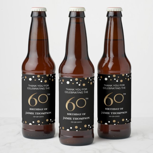 Gold black 60th birthday theme confetti thank you  beer bottle label (Bottles)