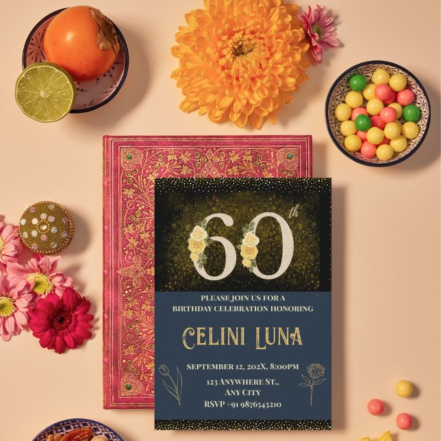 Gold & Black 61st–69th Birthday Party Invitations (Gold & Black 60th Birthday Invitations)