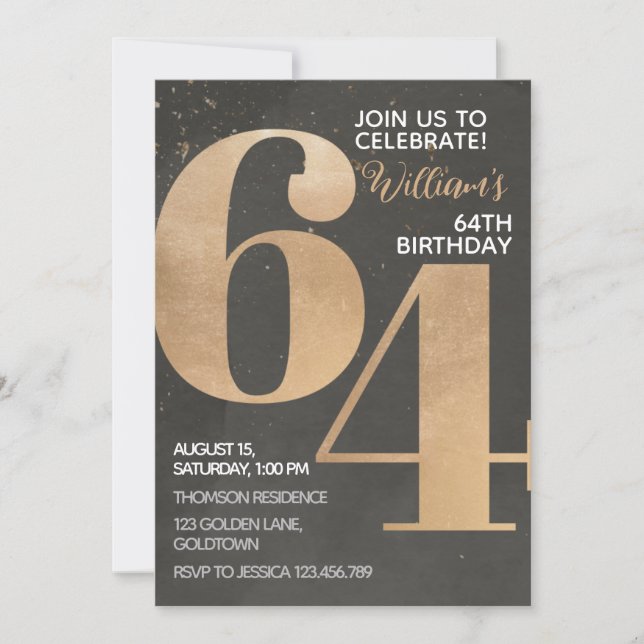 Gold Black 64th Birthday Invitation (Front)