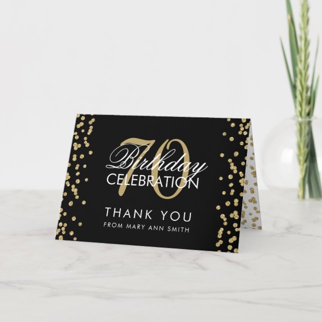 Gold Black 70 Birthday Thank you Glitter Confetti Card (Front)
