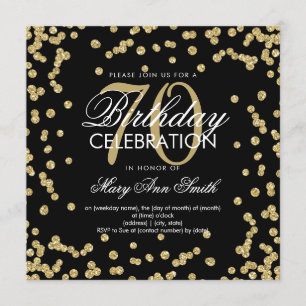 Gold Black 70th Birthday Glitter Confetti Invitation