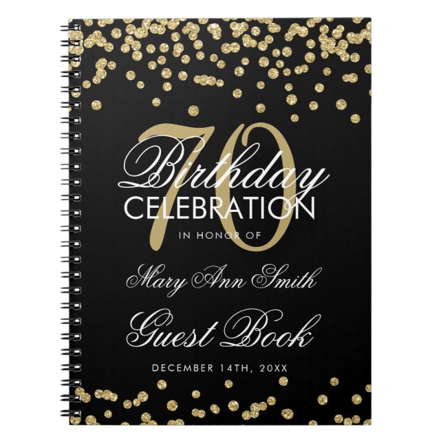 Gold Black 70th Birthday Guest Book Confetti (Front)