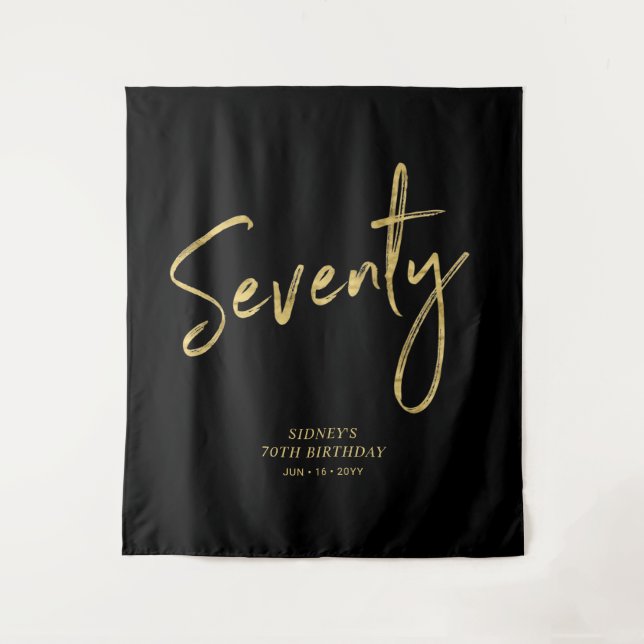 Gold & Black 70th Birthday Party Backdrop Tapestry (Front)