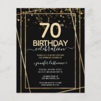 Gold Black 70th Birthday Party Budget Invitation